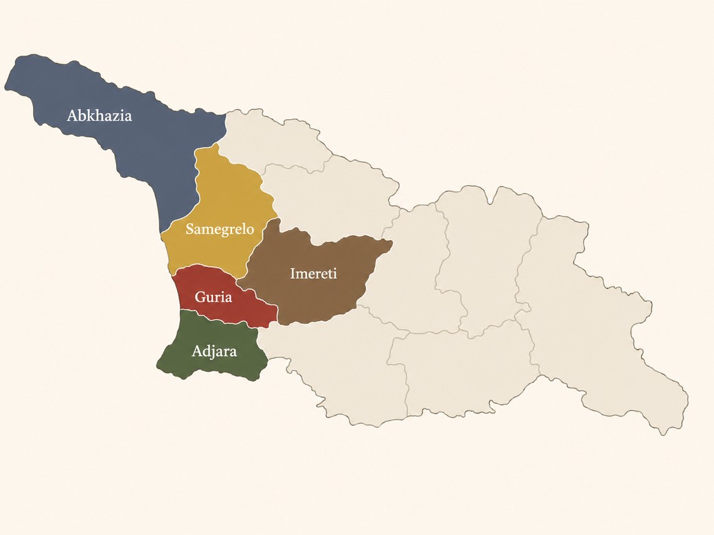 Map of Georgian tea regions highlighting Guria, Adjara, Samegrelo, Imereti, and Abkhazia